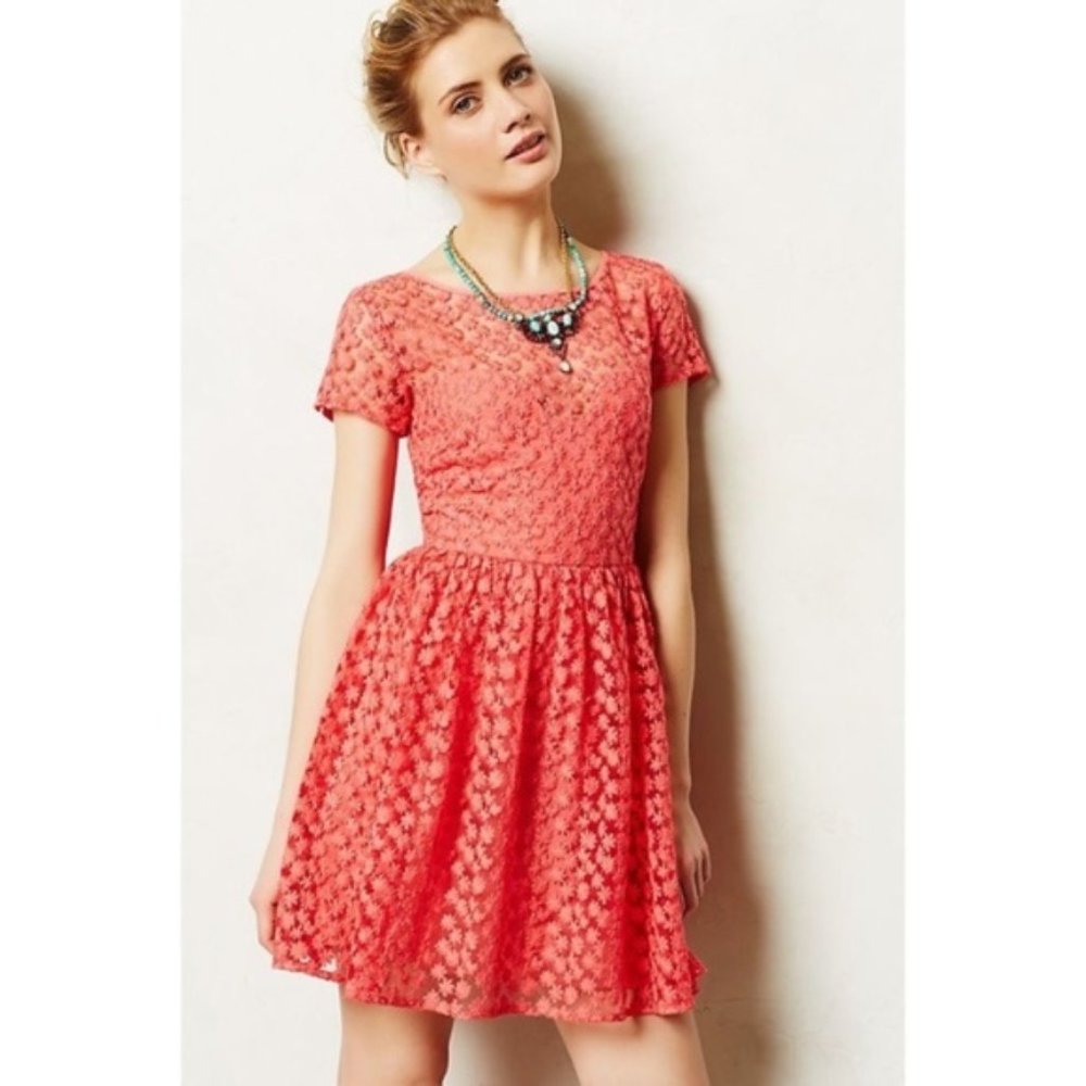 Anthropologie Artelier Coral Embroidered Dress